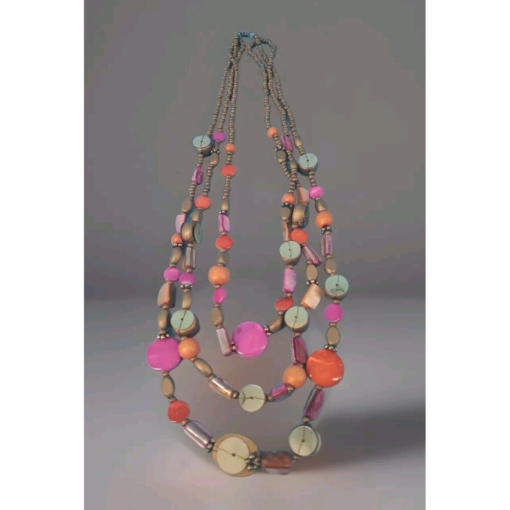 Beaded Necklace 3 Strands Multicolor Retro 80's Plastic And Wood Beads Appx 15"